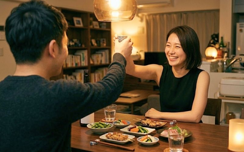 福島の酒で乾杯する夫婦の楽しそうな晩酌シーン。