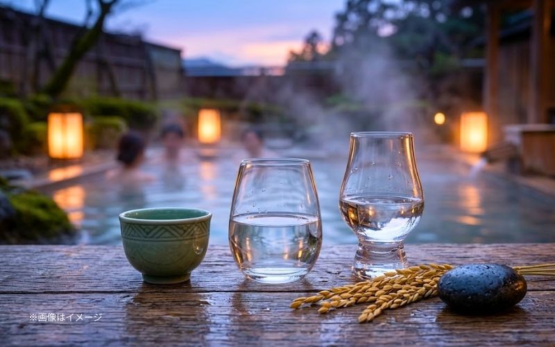 群馬県の夕暮れの露天風呂を背景に、濡れた木のテーブルに置かれた3種類の酒器に入った日本酒と、添えられた稲穂と川石