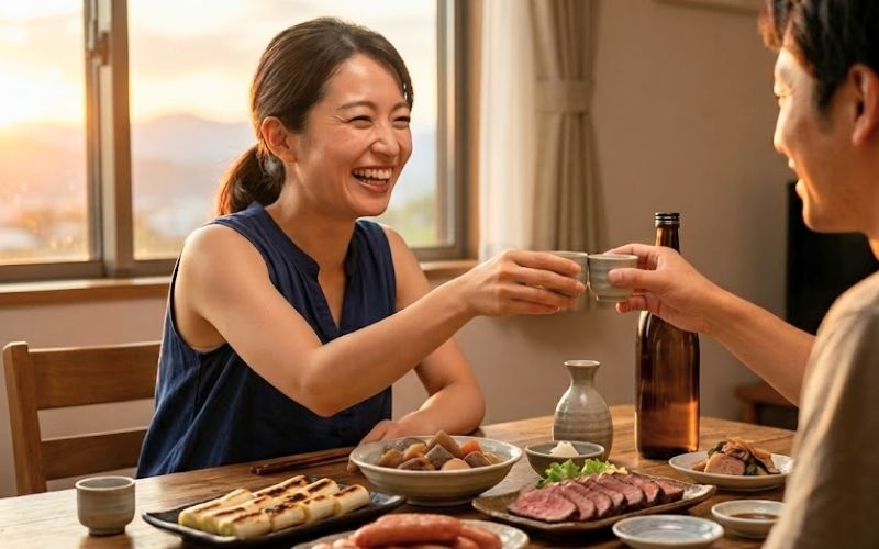 群馬の地酒と肴で晩酌を楽しむ夫婦。