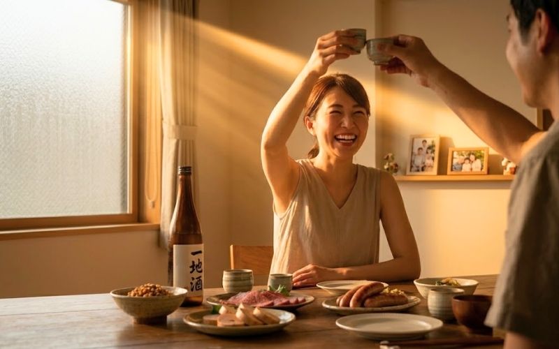 茨城のツマミを囲み、晩酌をする夫婦。