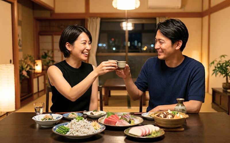 神奈川の日本酒と肴で晩酌を楽しむ夫婦が乾杯している様子