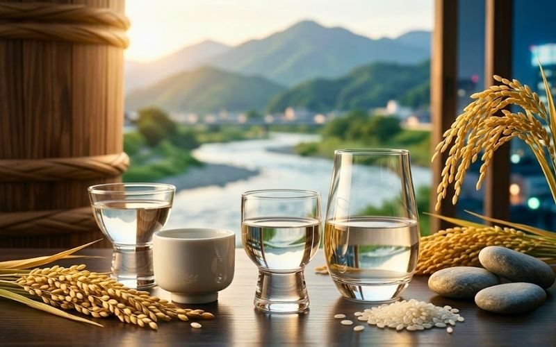 埼玉県の山と川の風景を背景に、木のテーブルに置かれた3種類の酒器に入った日本酒と、添えられた稲穂と米粒、川石
