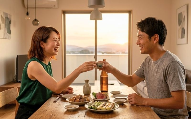 埼玉の地酒とつまみで晩酌をする夫婦