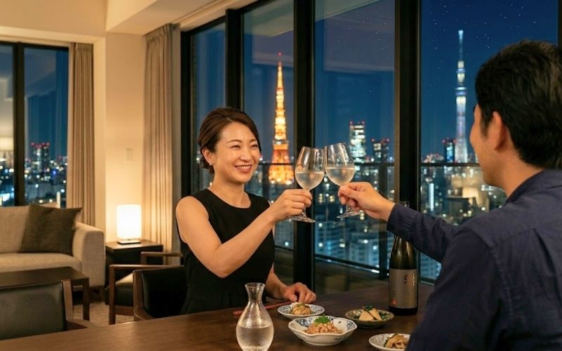 記念日にワイングラスに注がれた東京の地酒で乾杯する夫婦。