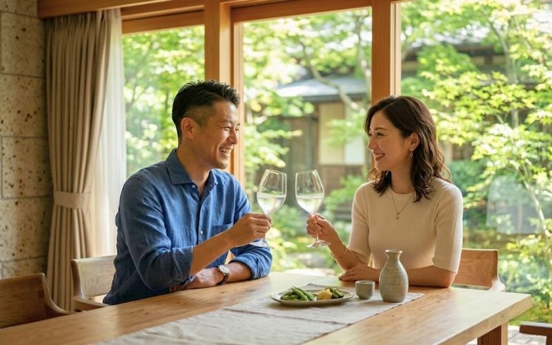 夏の日の休日、明るい時間帯から生酒で昼酒を楽しむ夫婦。