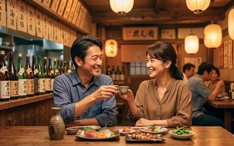 冷やと冷酒の違いを知り、居酒屋で日本酒を楽しんでいる夫婦。