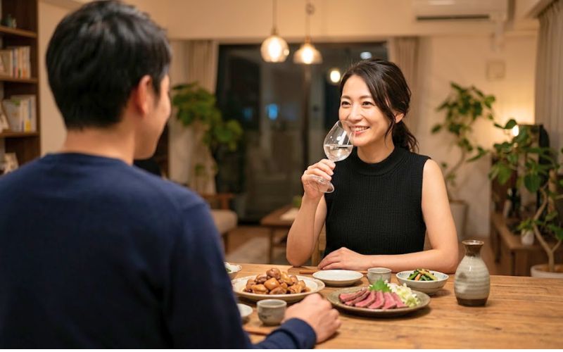 山梨の名産と地酒で晩酌する夫婦